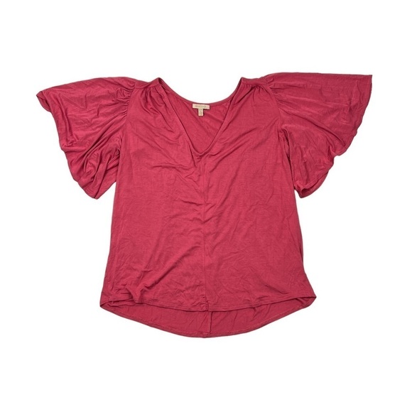 Anthropologie Bordeaux Pink V-Neck Short Flutter Sleeve Sidonie Top - Picture 1 of 6
